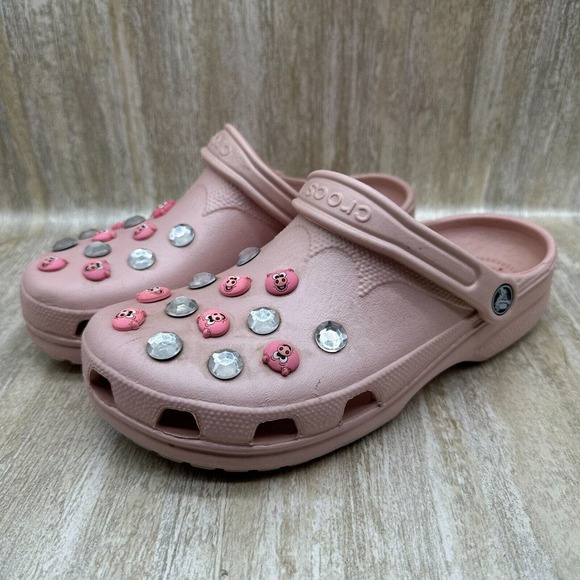 Crocs Womens Size 8 Pink With Pig and Jewel Charms - Picture 1 of 12